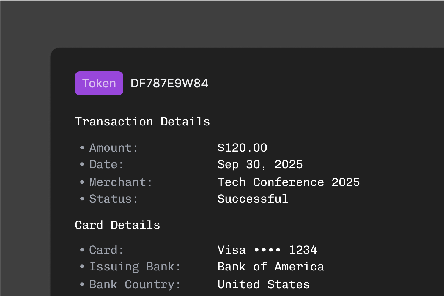 Transaction detail card with merchant, date, status, card, and issuing bank data.