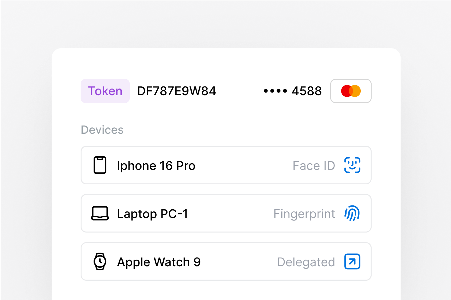 Payment token detail with device access methods like Face ID and fingerprint.