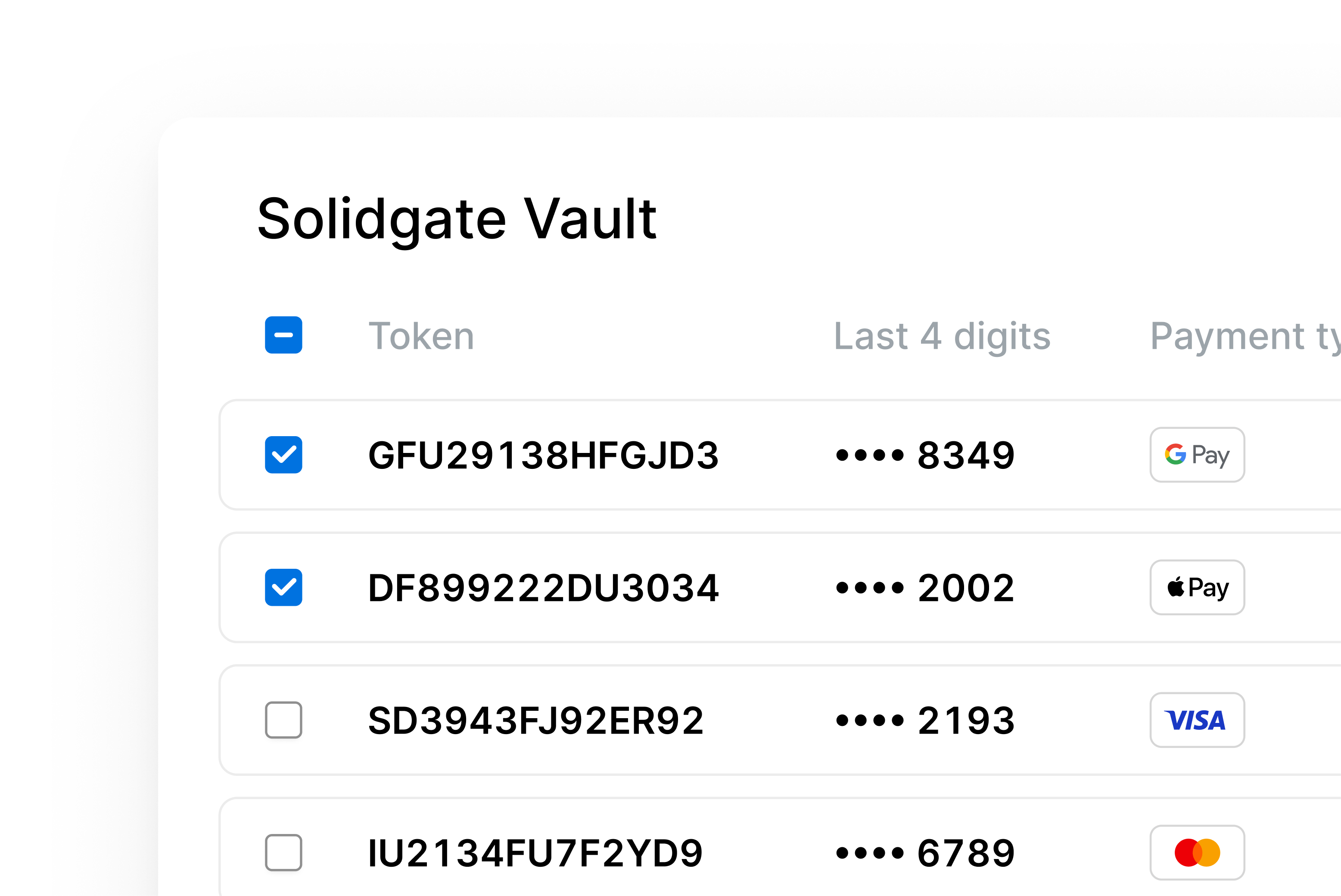 Token Vault dashboard displaying stored tokens, card details, and payment brands.