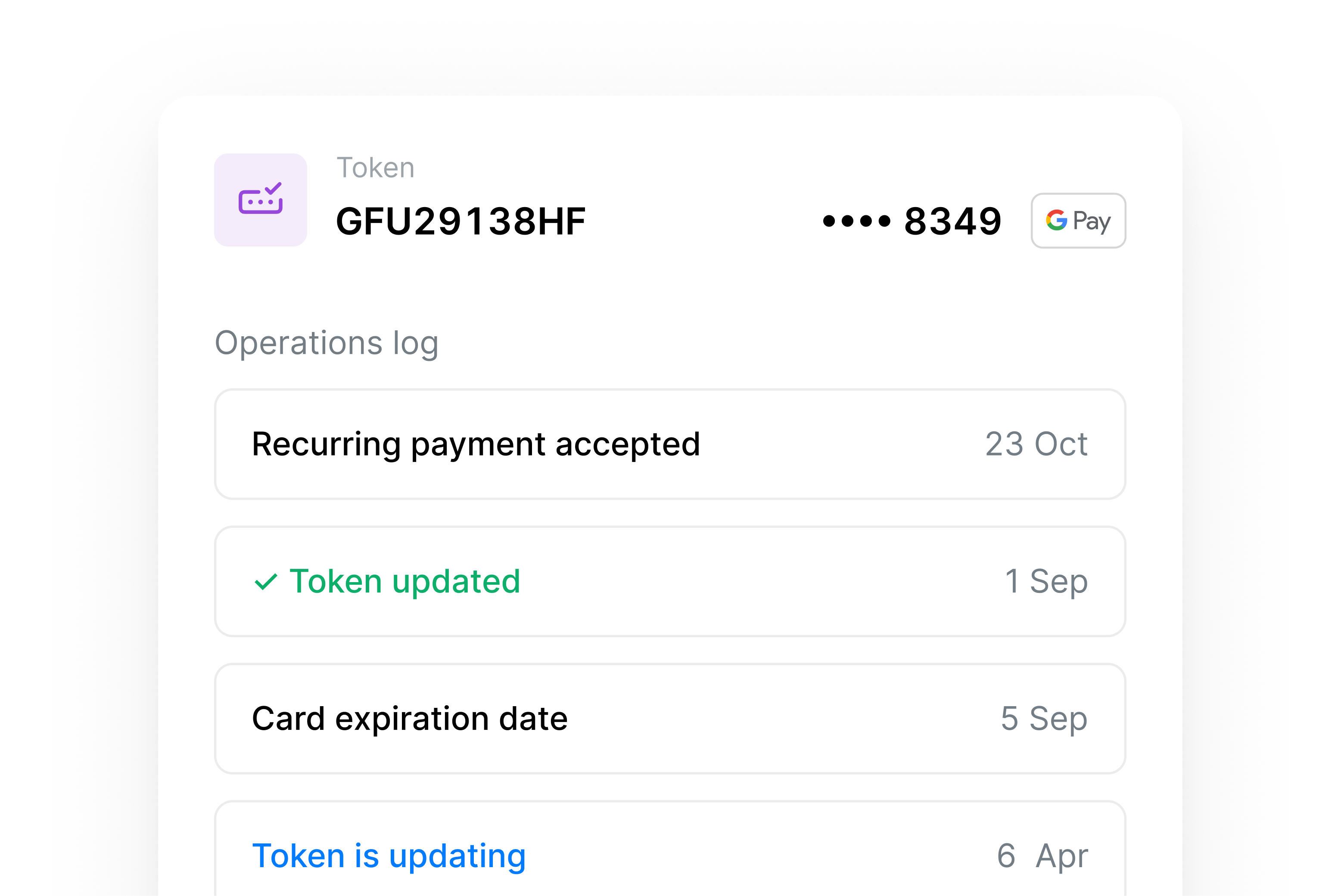 Card token details with GPay icon and history of recurring and updated status.