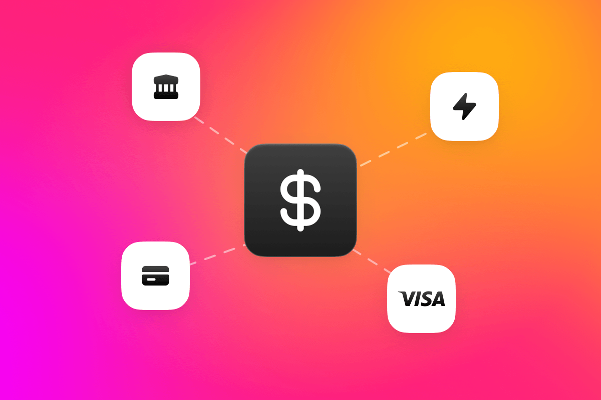 Payment network visualization: Dollar sign connected to banking, credit card, fast payment, and Visa options.