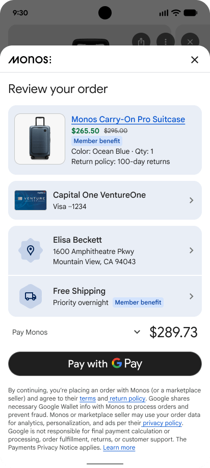 Mobile screen showing an order review page for a suitcase with payment and shipping details.