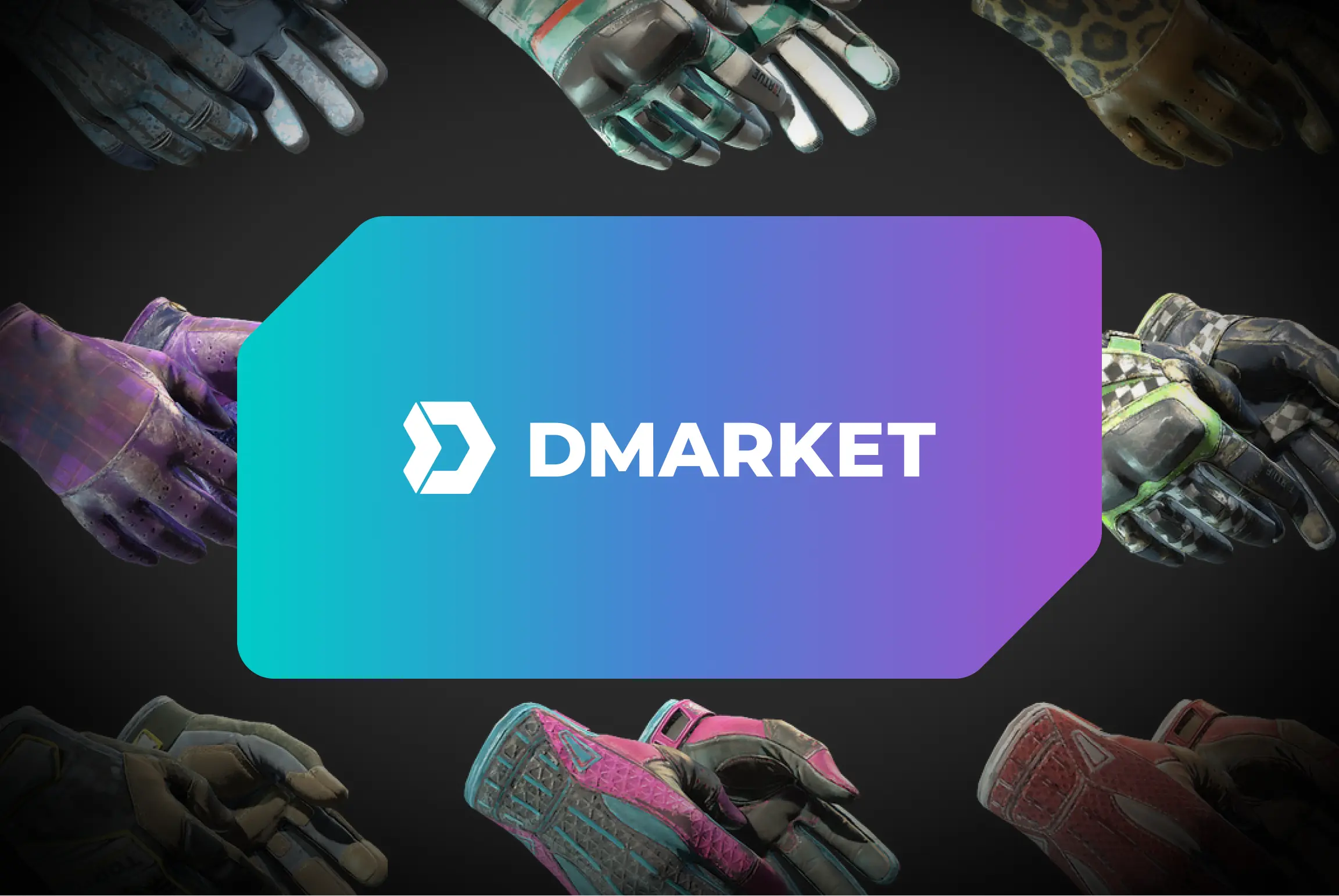 DMARKET logo centered among a variety of detailed gaming glove skins.