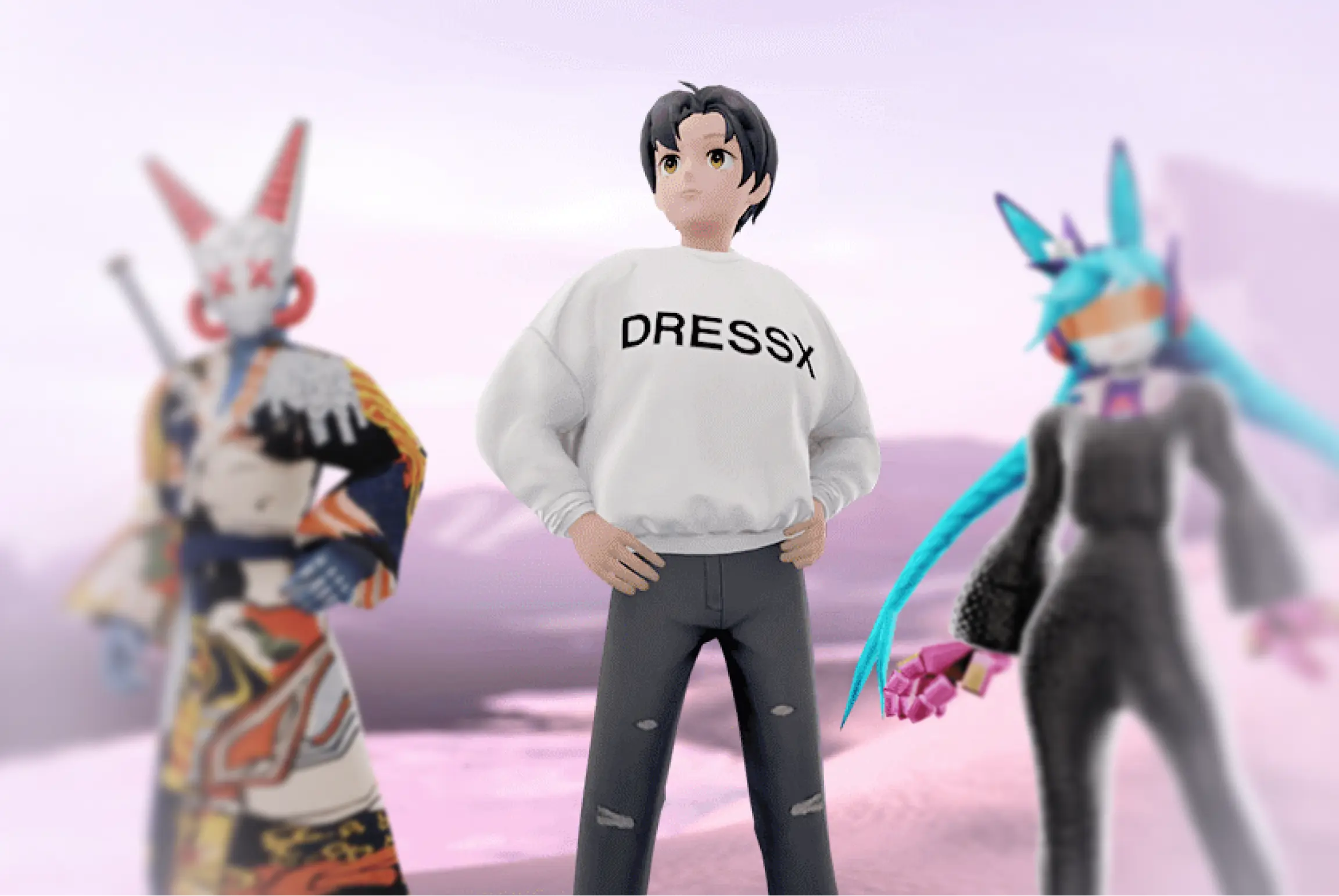 Animated character in a white DRESSX sweatshirt flanked by two blurry stylized figures.