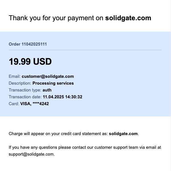 Payment confirmation email from solidgate.com for 19.99 USD for processing services.