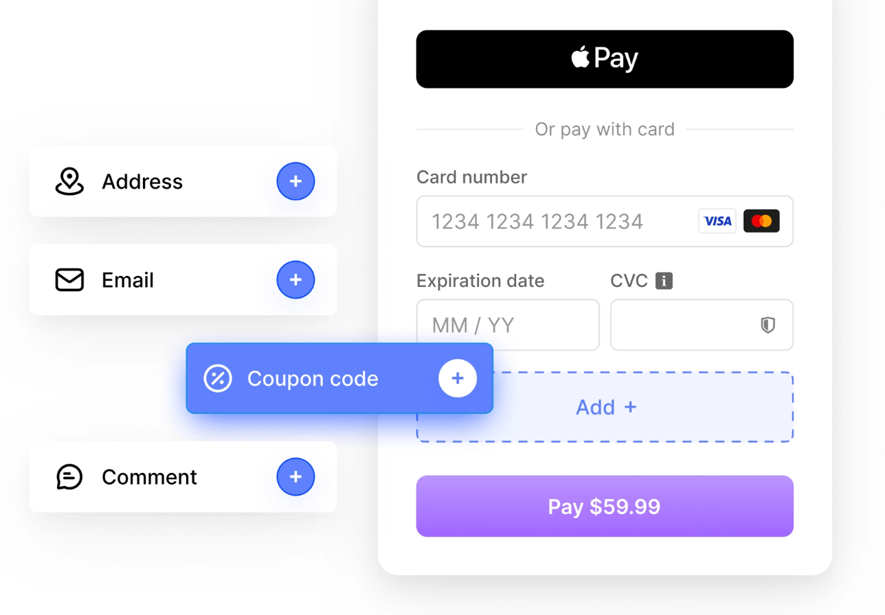 Mobile payment screen showing credit card input fields and a highlighted coupon code button.