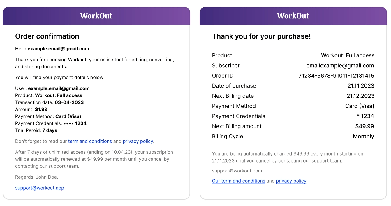 Two email interfaces showing 'WorkOut' order confirmation and 'Thank you for your purchase' details.