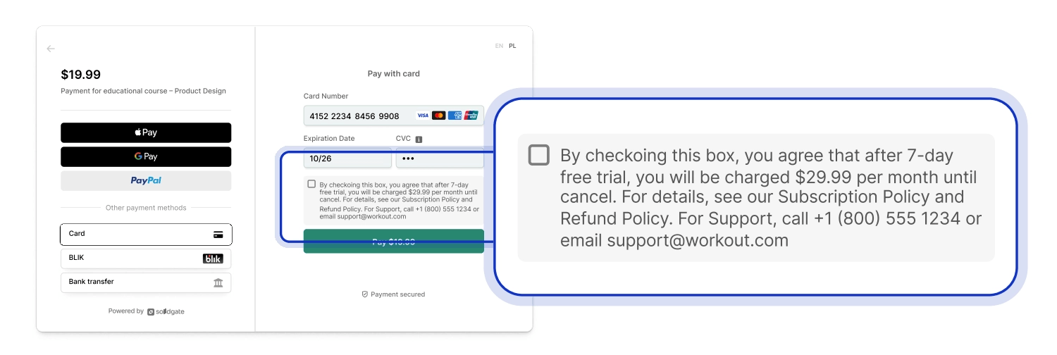 Checkout screen displaying payment options and subscription terms for a 7-day free trial.