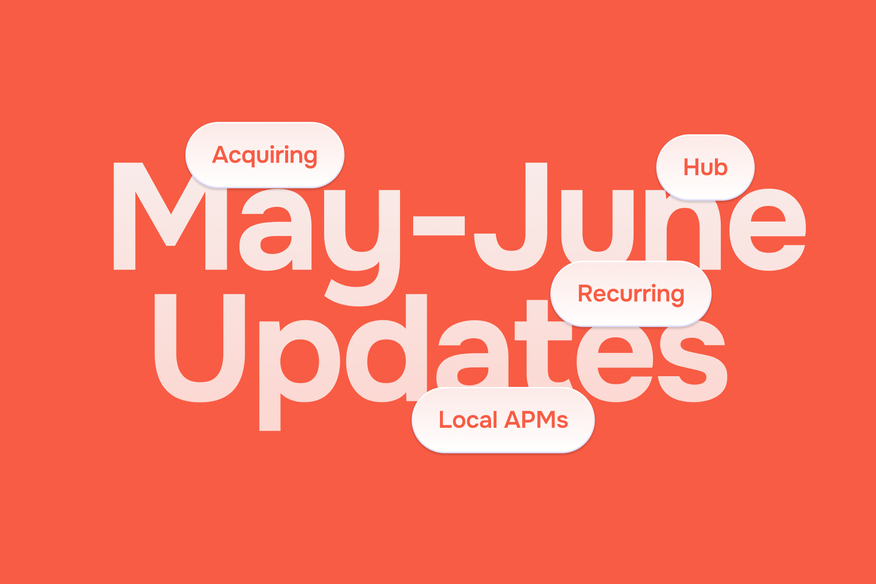 White text "May-June Updates" with associated topics: Acquiring, Hub, Recurring, and Local APMs.