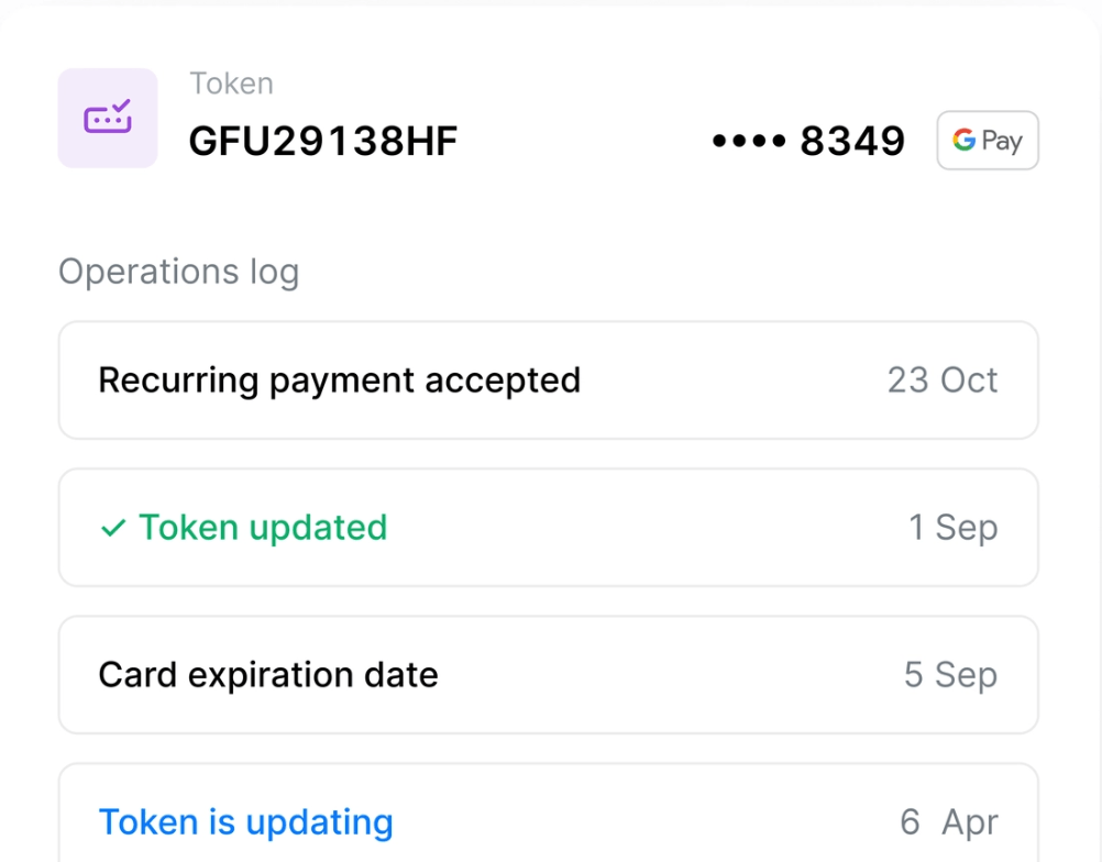 Digital operations log displaying a payment token, card updates, and payment history.